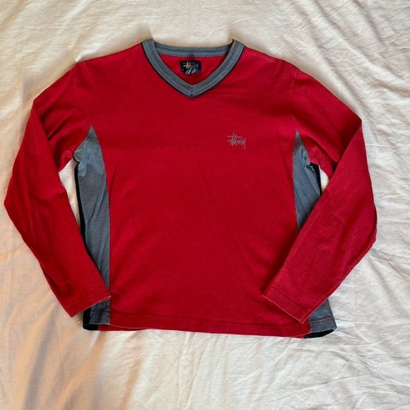 Sold! - 2000s Stussy Logo Colorblock Long Sleeve V-Neck Tee - Picture 1 of 4